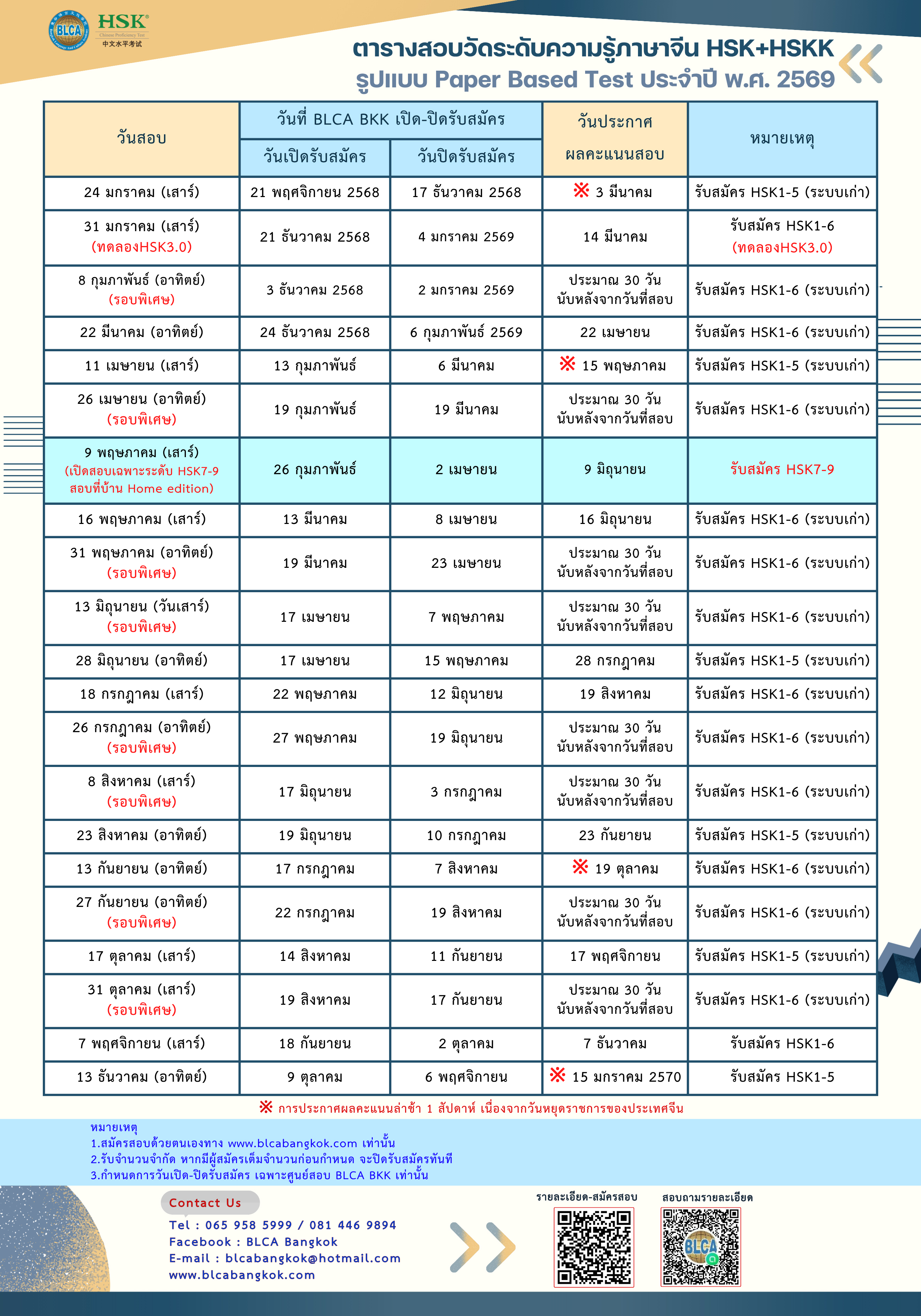 ตารางสอบวัดระดับความรู้ภาษาจีนระบบข้อเขียน ประจำปี พ.ศ. 2569(HSK+HSKK)