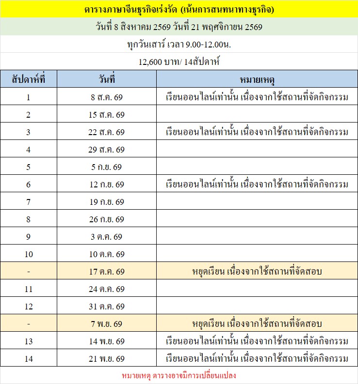 ตารางเรียนหลักสูตรภาษาจีนธุรกิจเร่งรัด